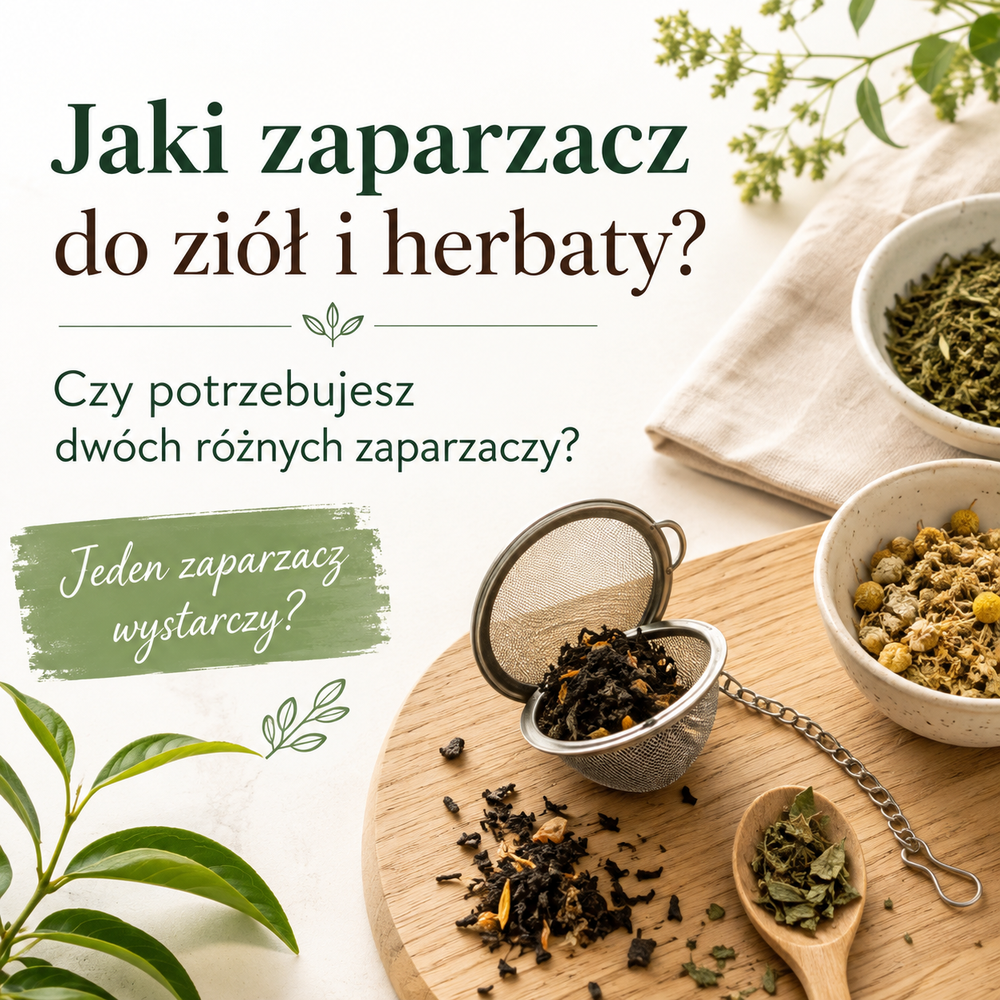 Metalowy zaparzacz, susz herbaciany i zioła na jasnym drewnie z napisem „Jeden zaparzacz wystarczy?”