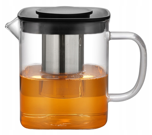 Szklany zaparzacz 1000 ml wypełniony herbatą z metalowym zaparzaczem w środku.