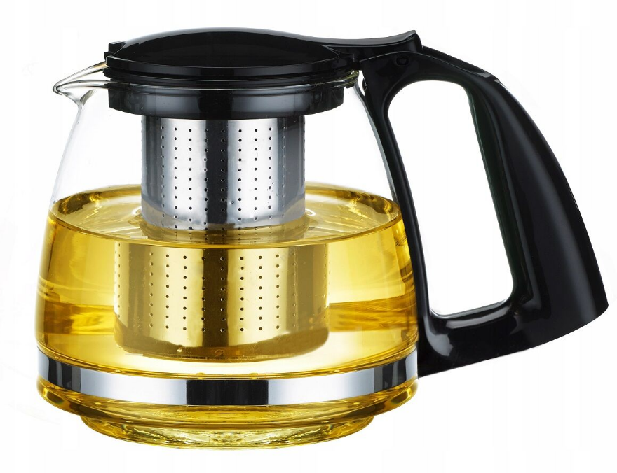 Szklany dzbanek 750 ml z metalowym zaparzaczem i czarną pokrywką, wypełniony naparem herbacianym.