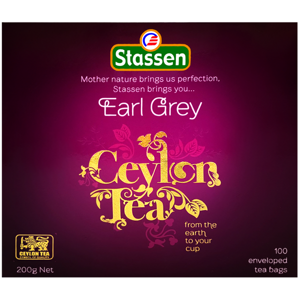 Front opakowania Stassen Earl Grey Ceylon Tea z eleganckim złotym napisem.