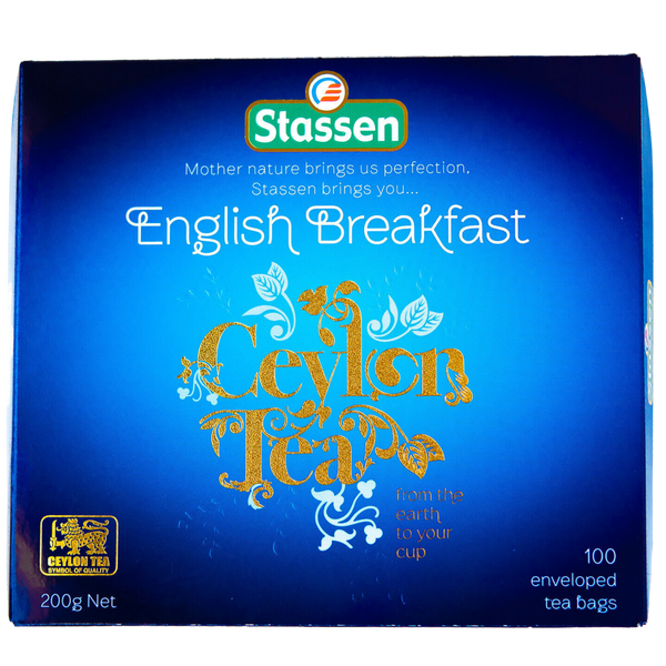 Front pudełka Stassen English Breakfast z napisem Ceylon Tea w złotej grafice.