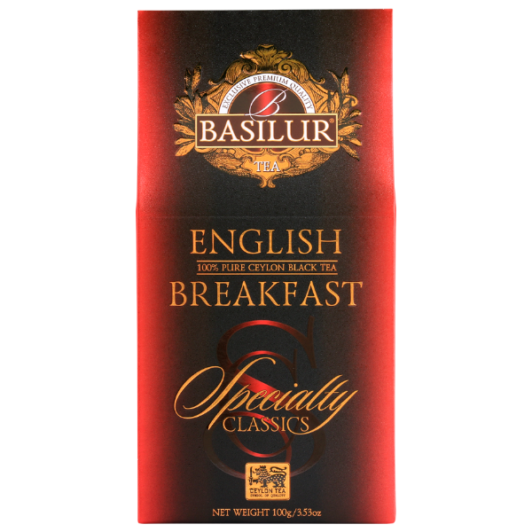 Przód opakowania Basilur English Breakfast z logo i złotymi napisami.