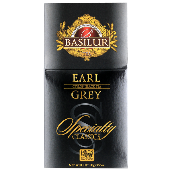 Przód opakowania Basilur Earl Grey z eleganckim złotym logo.