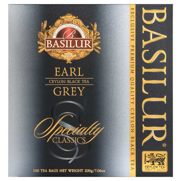 Herbata Basilur Earl Grey – pudełko z kolekcji Specialty Classics w odcieniach srebra i czerni.