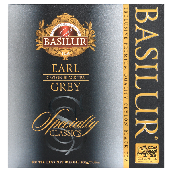 Herbata Basilur Earl Grey – pudełko z kolekcji Specialty Classics w odcieniach srebra i czerni.