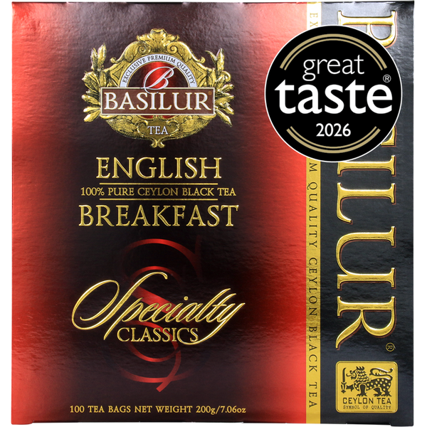 Herbata czarna Basilur Specialty Classics English Breakfast 100 torebek w kartonowym opakowaniu z oznaczeniem Great Taste 2026.