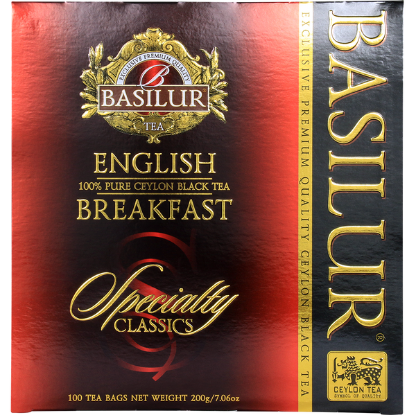 Przód opakowania Basilur English Breakfast – klasyczny design i logo Basilur Tea.