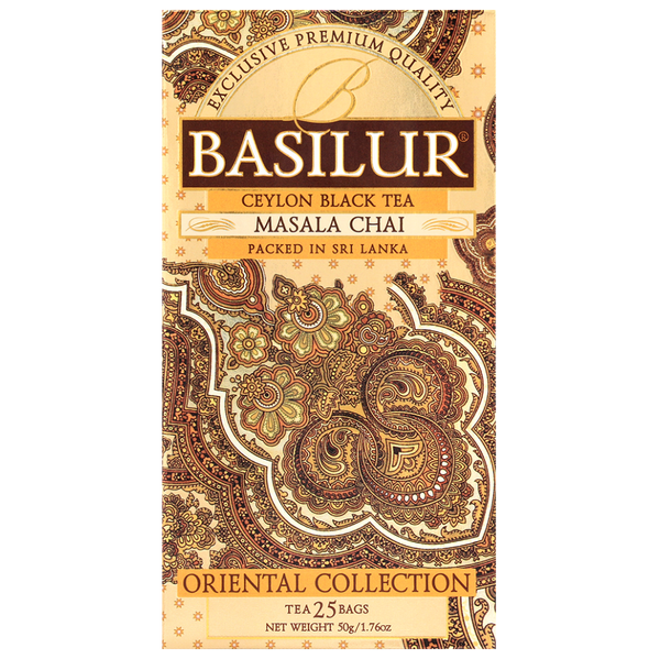 Herbata Basilur Masala Chai – eleganckie pudełko w orientalne wzory.