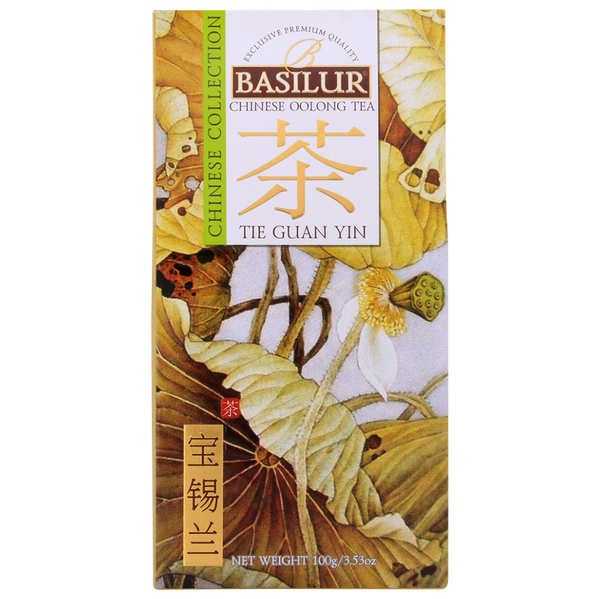Front opakowania Basilur Tie Guan Yin z motywem lotosu.