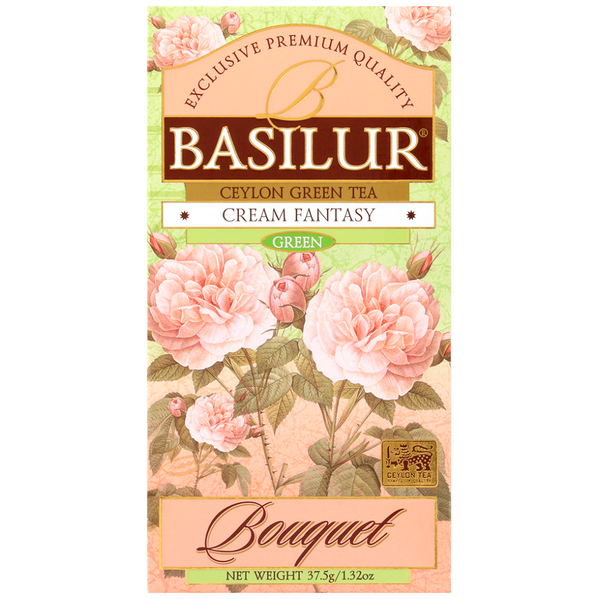 Opakowanie Basilur Cream Fantasy 25 x 1,5 g z serii Bouquet, zielona herbata cejlońska.