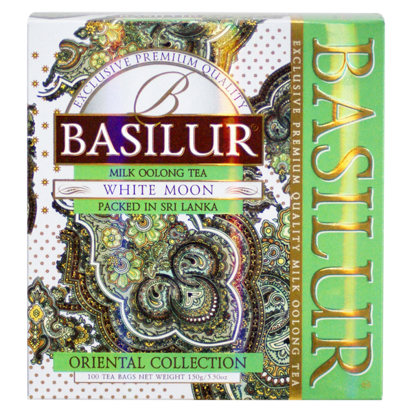Herbata Basilur White Moon – mleczna herbata oolong w eleganckim zielono-złotym opakowaniu.