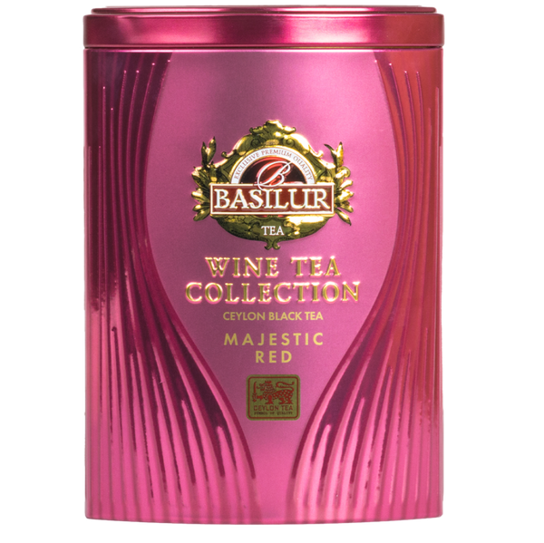 Herbata Basilur Majestic Red w bordowej puszce, czarna herbata cejlońska z kolekcji Wine Tea.