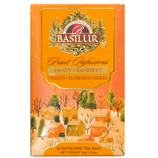 Przód opakowania Basilur Frosty Cranberry, napar z rooibosem w 20 kopertach po 1,8 g
