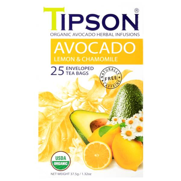Zbliżenie frontu pudełka herbaty Tipson Avocado Lemon & Chamomile z certyfikatem USDA Organic.