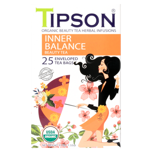 Zbliżenie opakowania herbaty Tipson Inner Balance Beauty Tea z motywem parasolki i kwiatów.