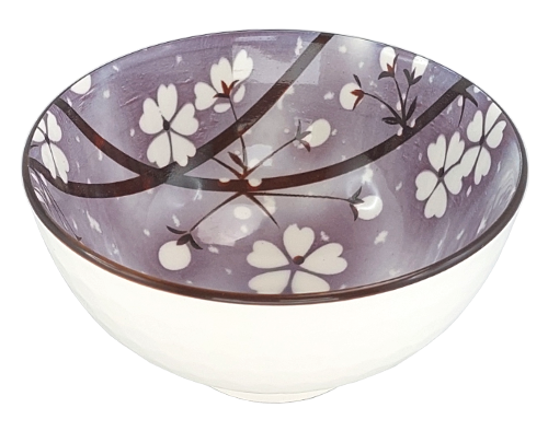 Ceramiczna czarka japońska o pojemności 280 ml w kolorze fioletowym, zdobiona motywem kwiatów wiśni.