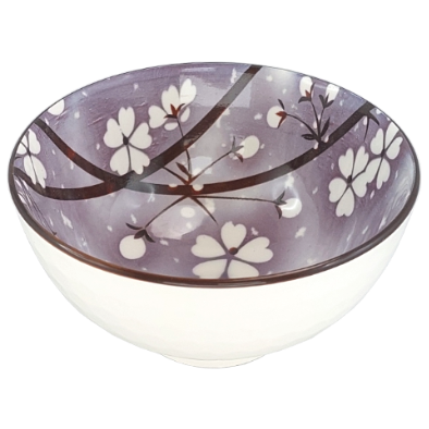 Ceramiczna czarka japońska o pojemności 280 ml w kolorze fioletowym, zdobiona motywem kwiatów wiśni.