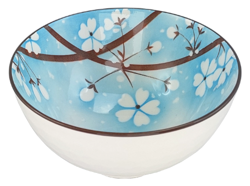 Ceramiczna czarka japońska o pojemności 280 ml w kolorze niebieskim, zdobiona motywem kwiatów wiśni.