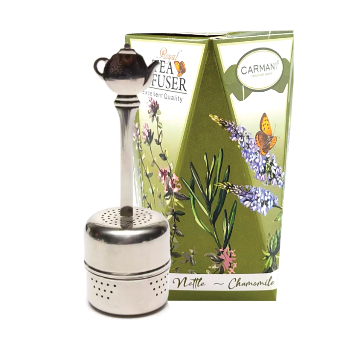 Zaparzacz do herbaty Carmani z ozdobnym uchwytem w kształcie metalowego czajniczka i zielonym pudełkiem.