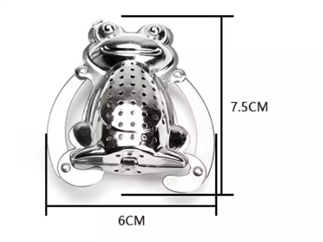 Metalowy zaparzacz do herbaty w kształcie srebrnej żaby z podanymi wymiarami