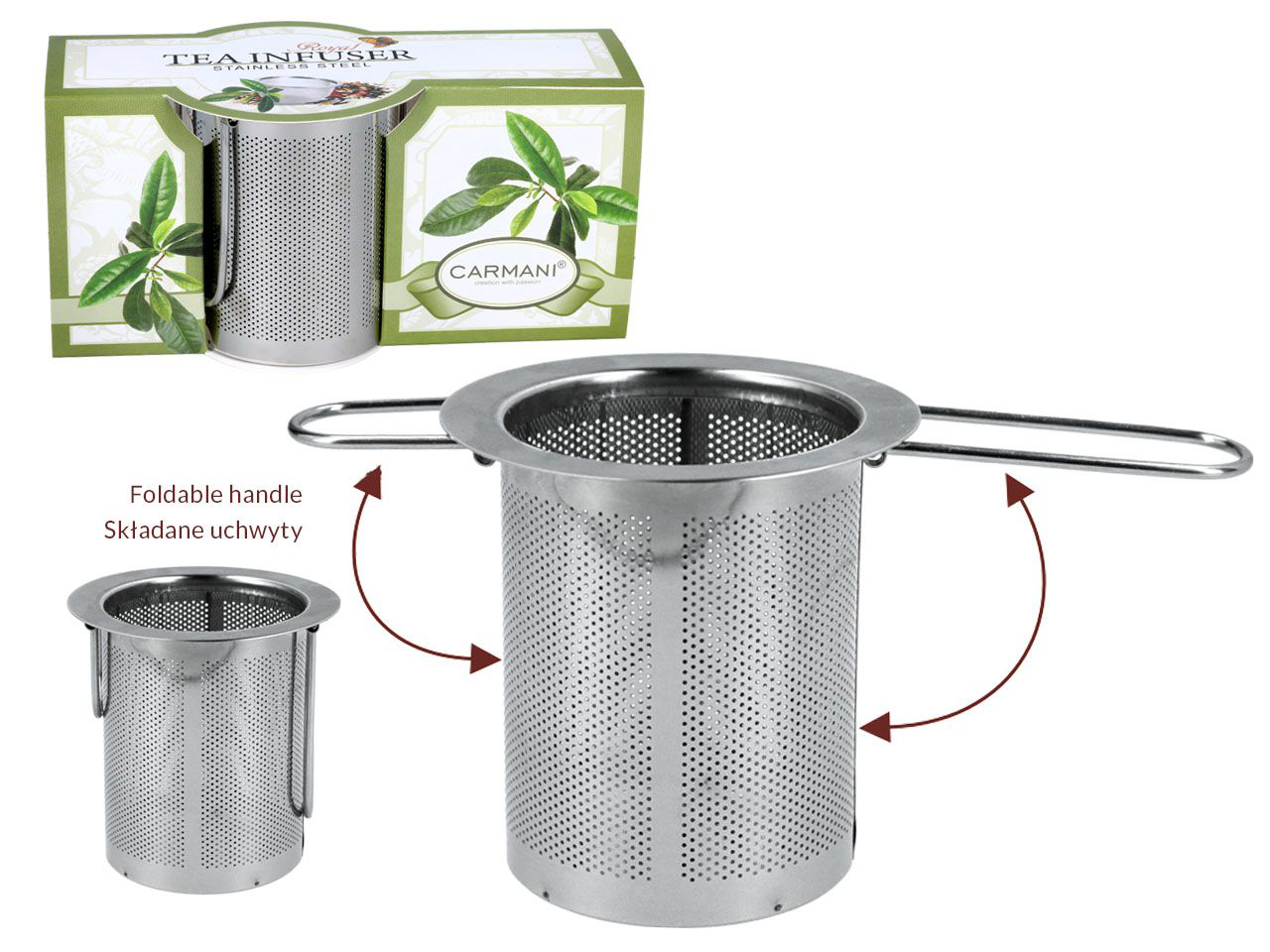 Zaparzacz sitko ze stali nierdzewnej Carmani ze składanymi uchwytami i opakowaniem
