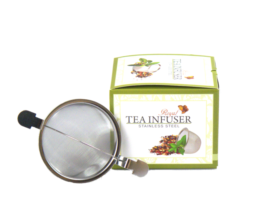 Zaparzacz do herbaty Carmani o średnicy 8,5 cm z metalową siatką i uchwytami, na tle pudełka.