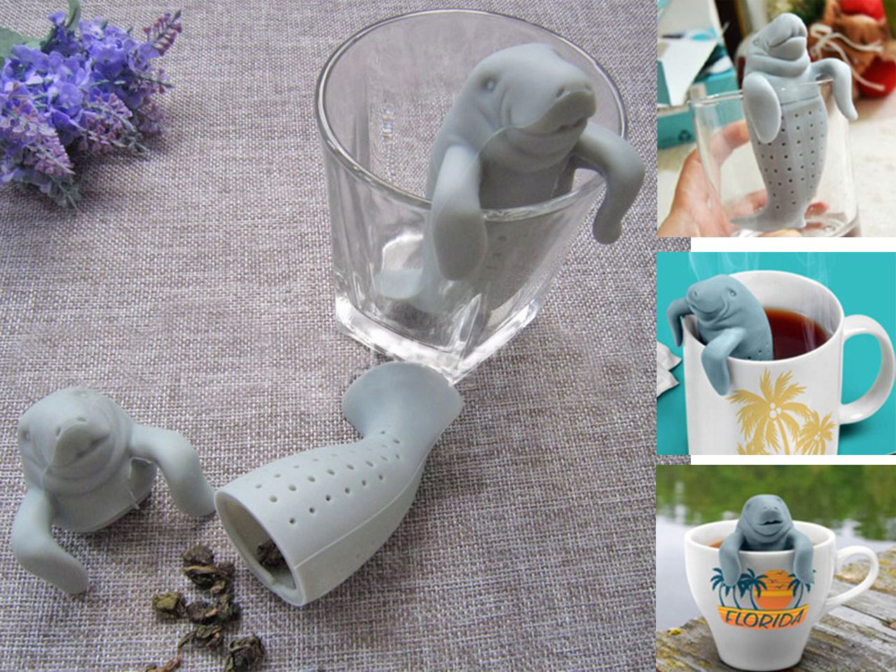 Zaparzacz mors szary umieszczony na brzegu szklanki z herbatą.