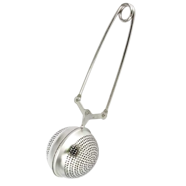 Metalowy zaparzacz do herbaty w kształcie kuli o średnicy 5 cm ze szczypcami.