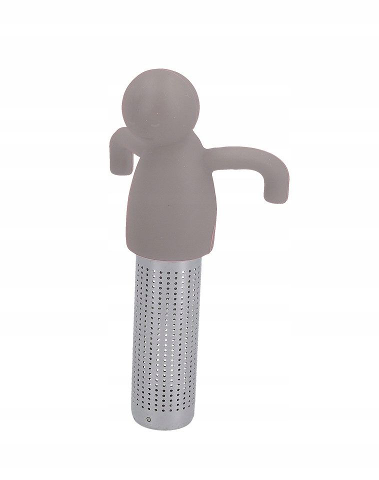 Zaparzacz do herbaty w kształcie szarego ludzika z silikonową górą i metalowym sitkiem