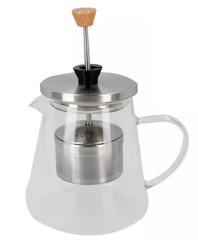 Szklany dzbanek 750 ml z metalowym zaparzaczem i tłokiem w pokrywce.