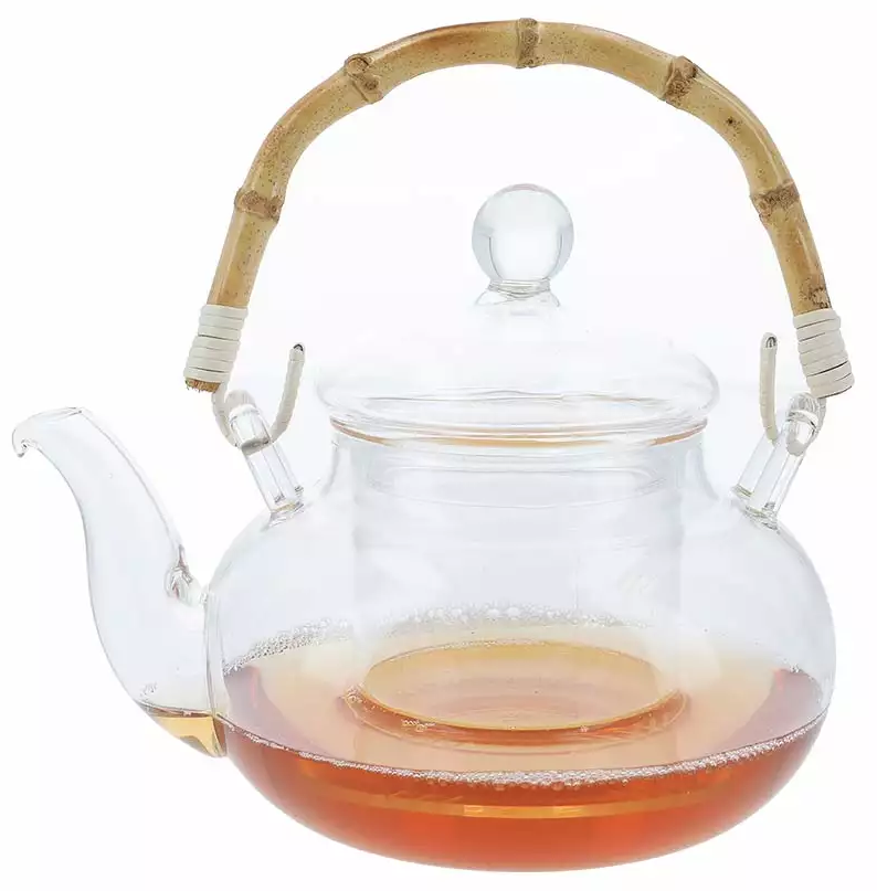 Czajnik szklany z zaparzaczem i bambusową rączką.