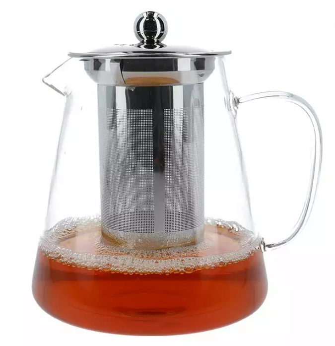 Dzbanek szklany o pojemności 950 ml z metalowym zaparzaczem i elegancką pokrywką.