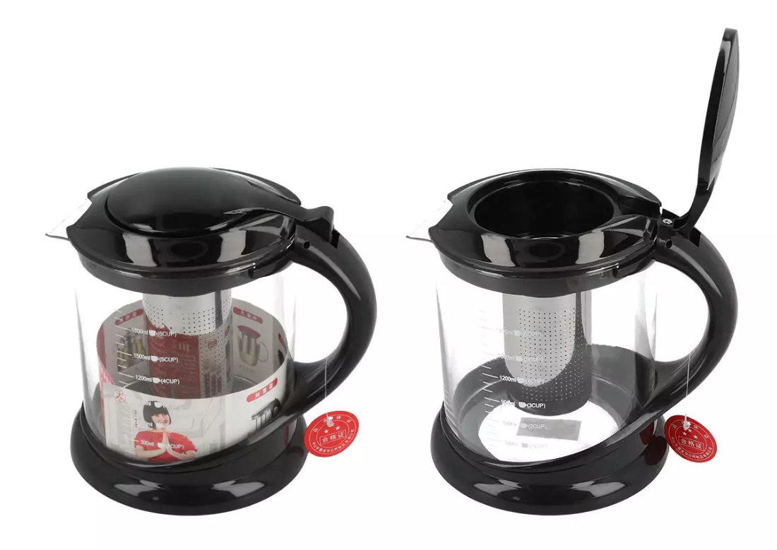 Pusty szklany dzbanek 1800 ml z czarną pokrywką i uchwytem.