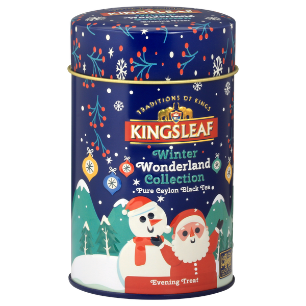 Zimowa puszka Kingsleaf Winter Wonderland Collection z motywem Mikołaja i bałwanka – herbata czarna Ceylon.