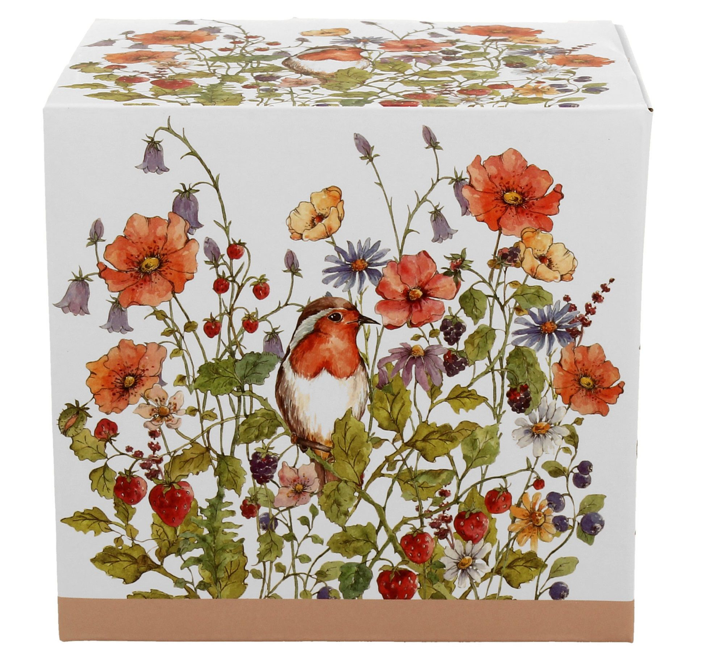 Ozdobne pudełko prezentowe z motywem polnych kwiatów i ptaszka – kubek porcelanowy Wild Bird 430 ml.