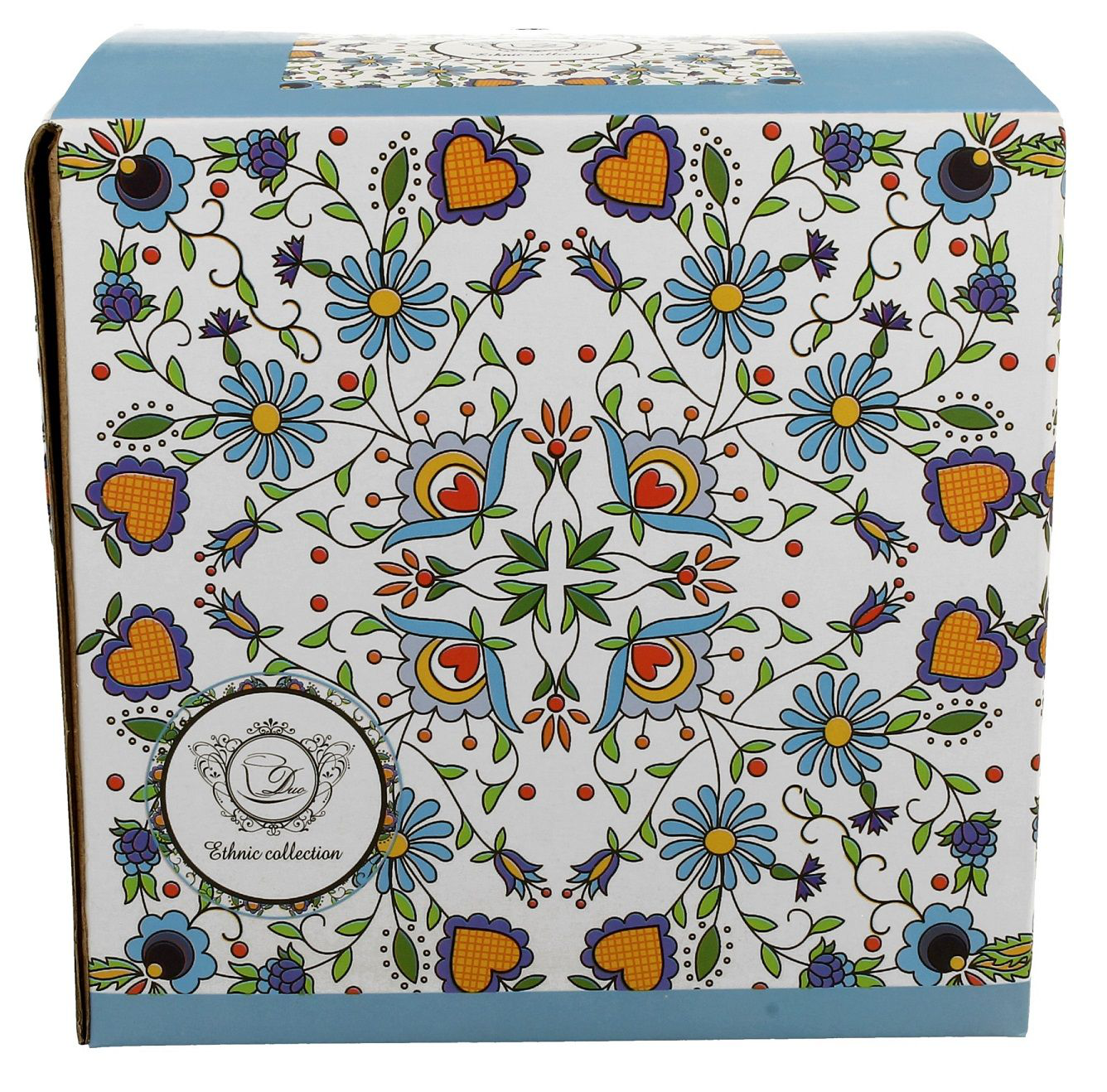 Kolorowe pudełko z motywem kaszubskim do filiżanki z dzbankiem.