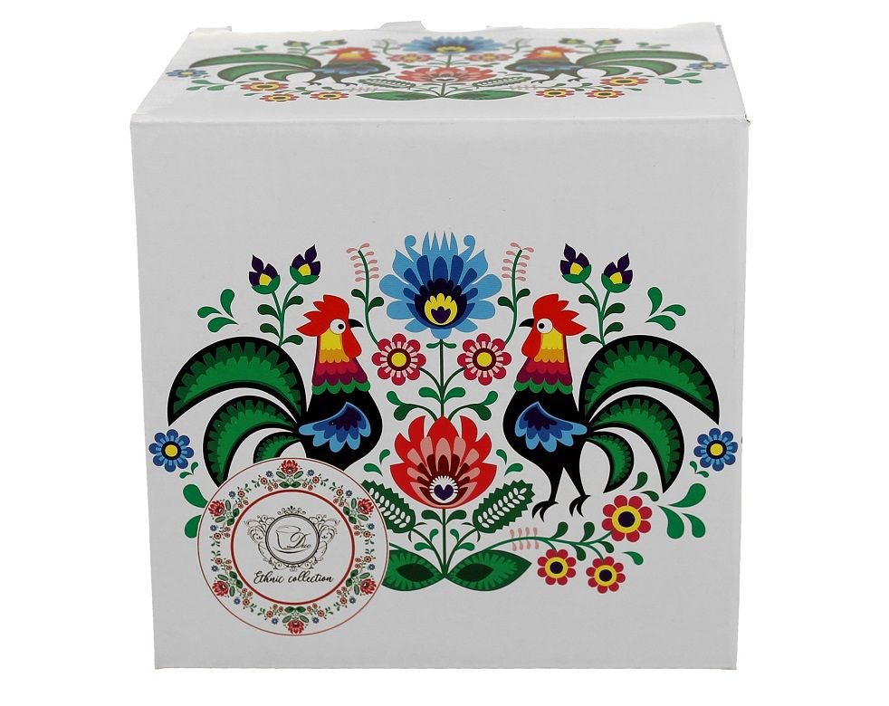 Kubek folk Koguty 650 ml w ozdobnym pudełku z motywem ludowym.