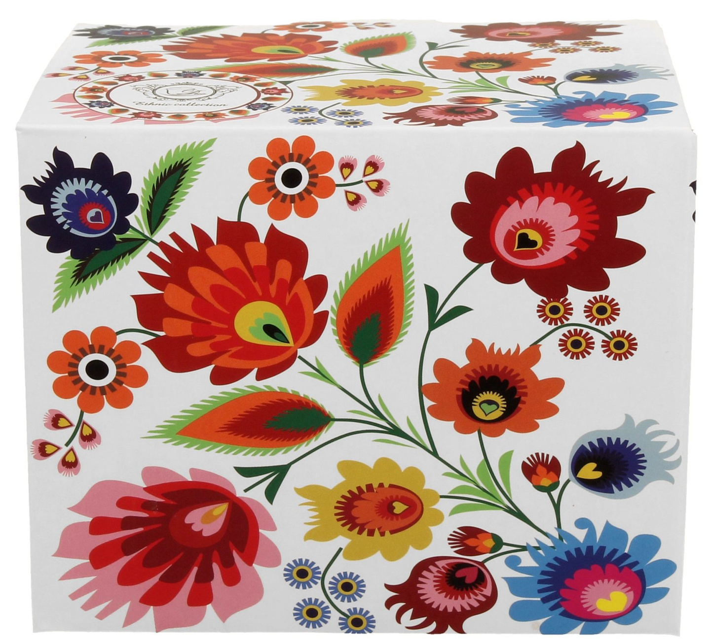 Ozdobne pudełko z motywem łowickich kwiatów, w którym zapakowany jest kubek baryłka porcelanowy.