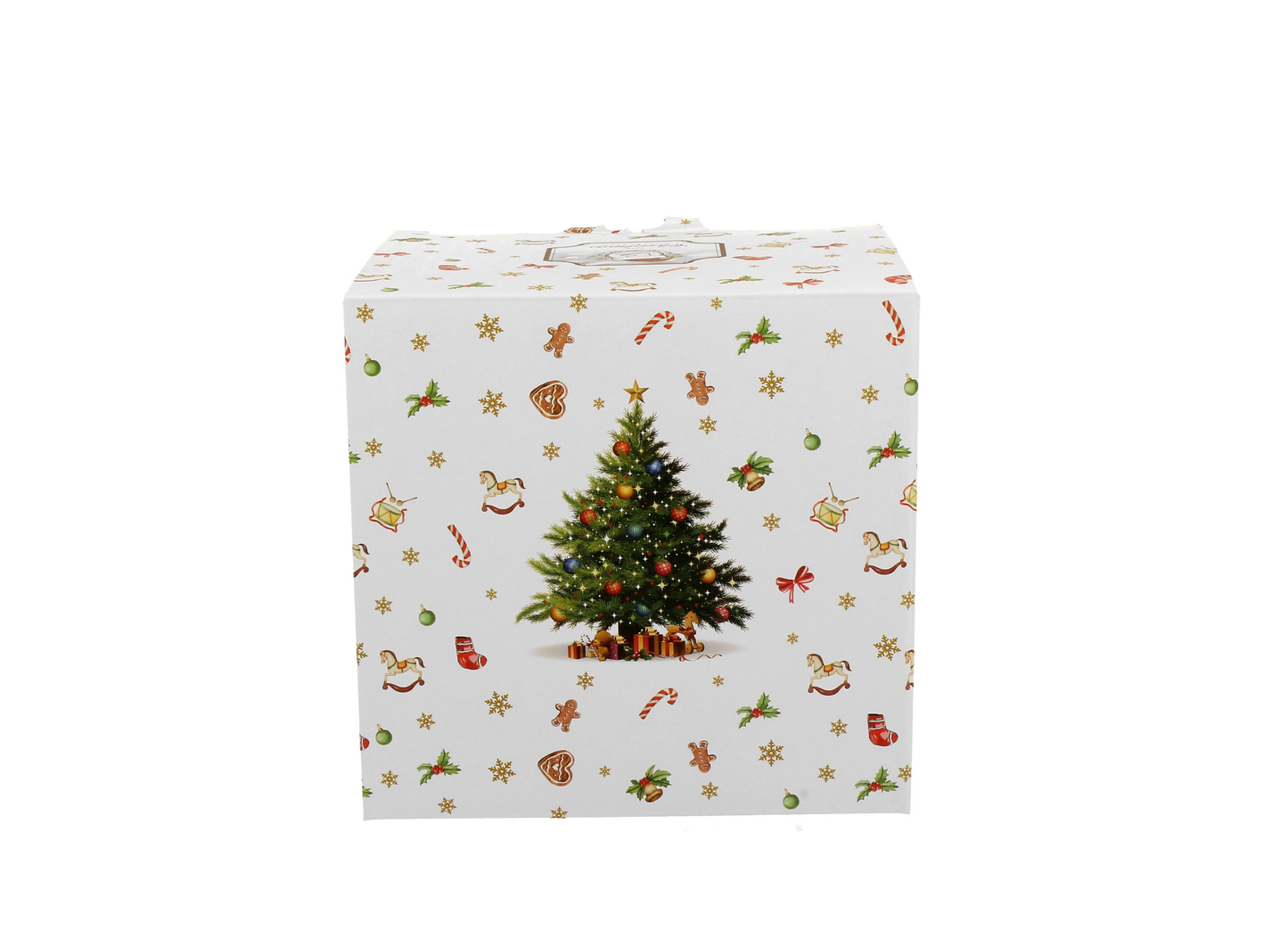 Białe pudełko prezentowe ozdobione świątecznymi motywami i choinką na środku, w którym zapakowany jest porcelanowy kubek Christmas Tree 2.