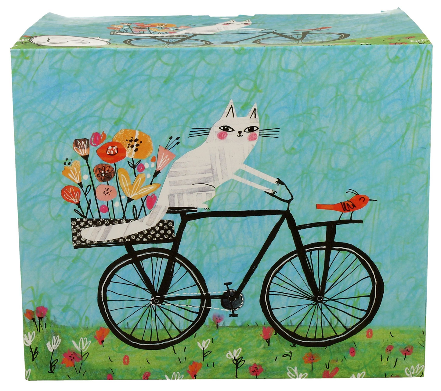 Pudełko z motywem kota jadącego na rowerze z kwiatami i ptaszkiem.