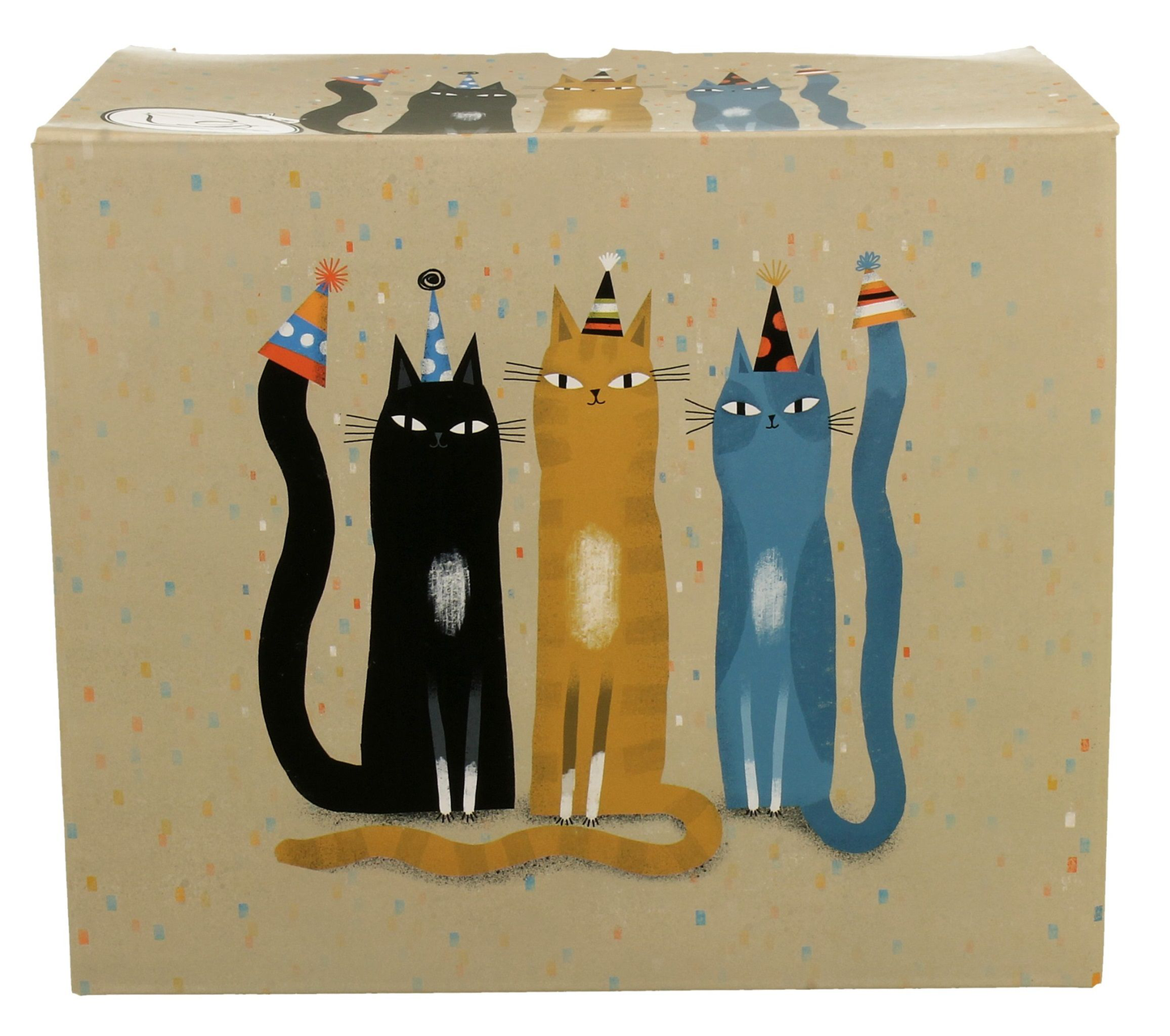 Pudełko z motywem kotów w imprezowych czapkach, w którym zapakowany jest kubek porcelanowy.