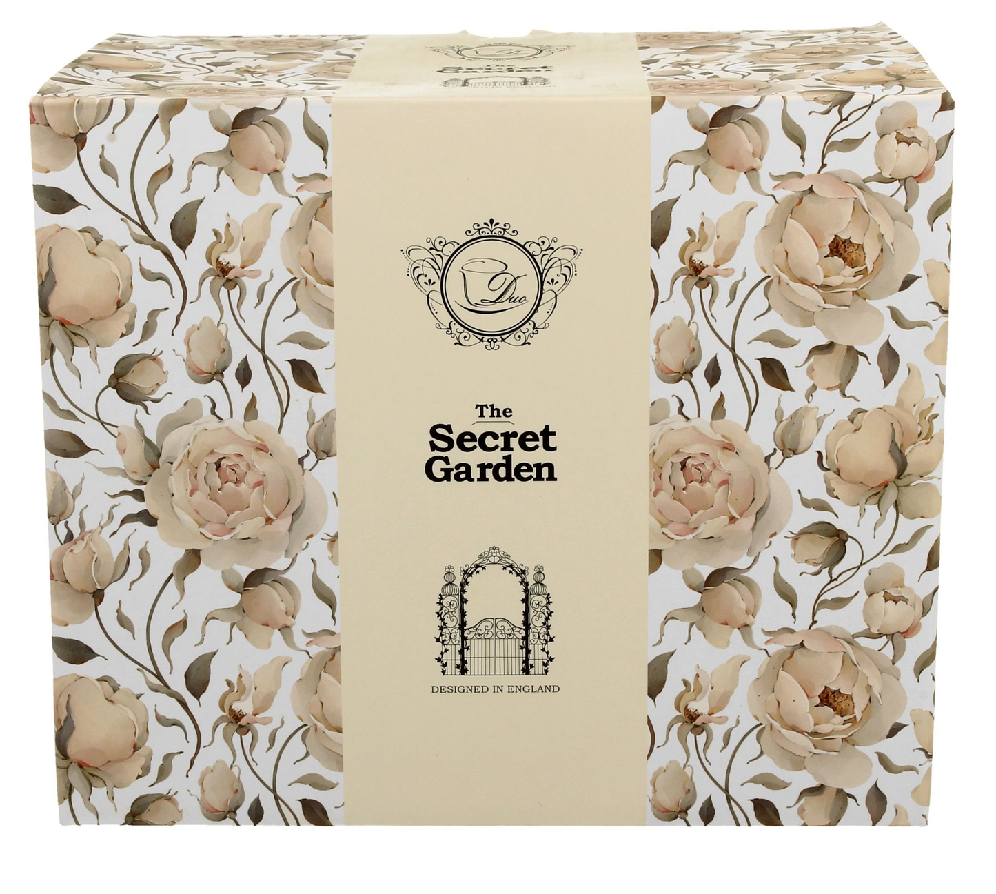 Eleganckie pudełko prezentowe z kolekcji The Secret Garden, ozdobione kremowymi różami w stylu angielskim.