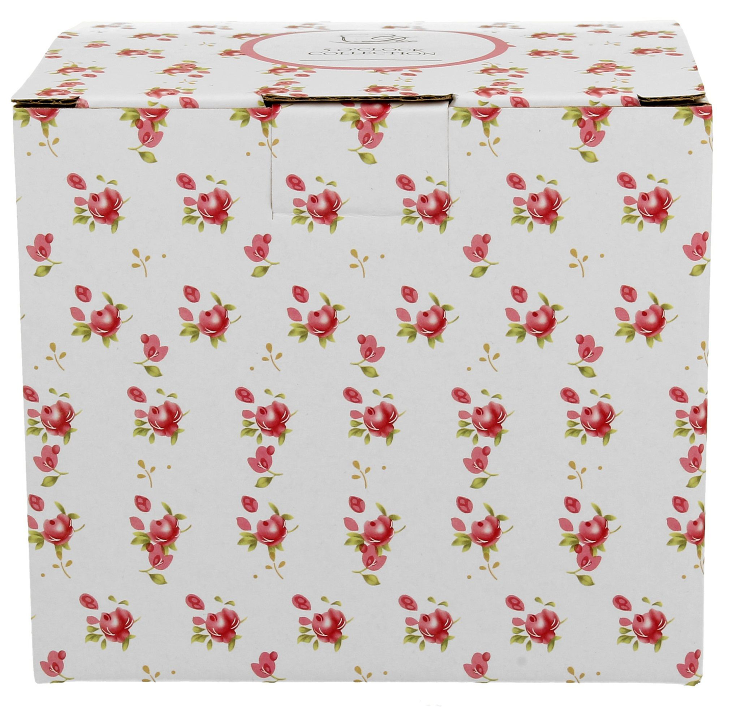 Białe pudełko ozdobione drobnym, różowym wzorem kwiatów, w którym zapakowany jest porcelanowy kubek z zaparzaczem Eleni.