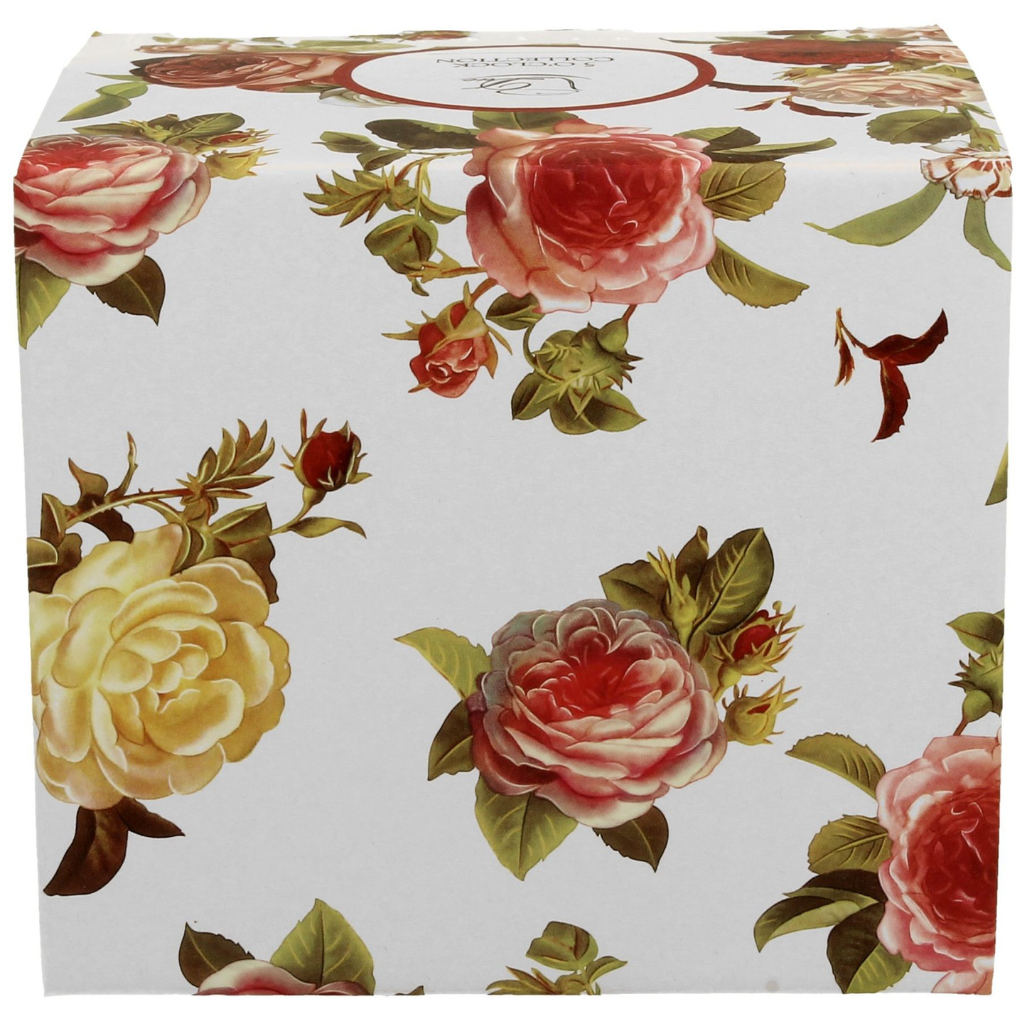 Eleganckie pudełko prezentowe z motywem róż, w którym zapakowany jest kubek porcelanowy Kasandra.