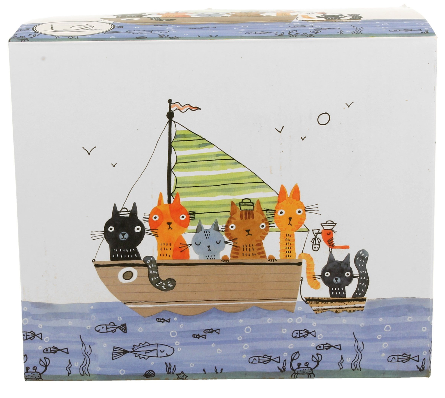 Pudełko ozdobne z motywem marynarskich kotów płynących łodzią.