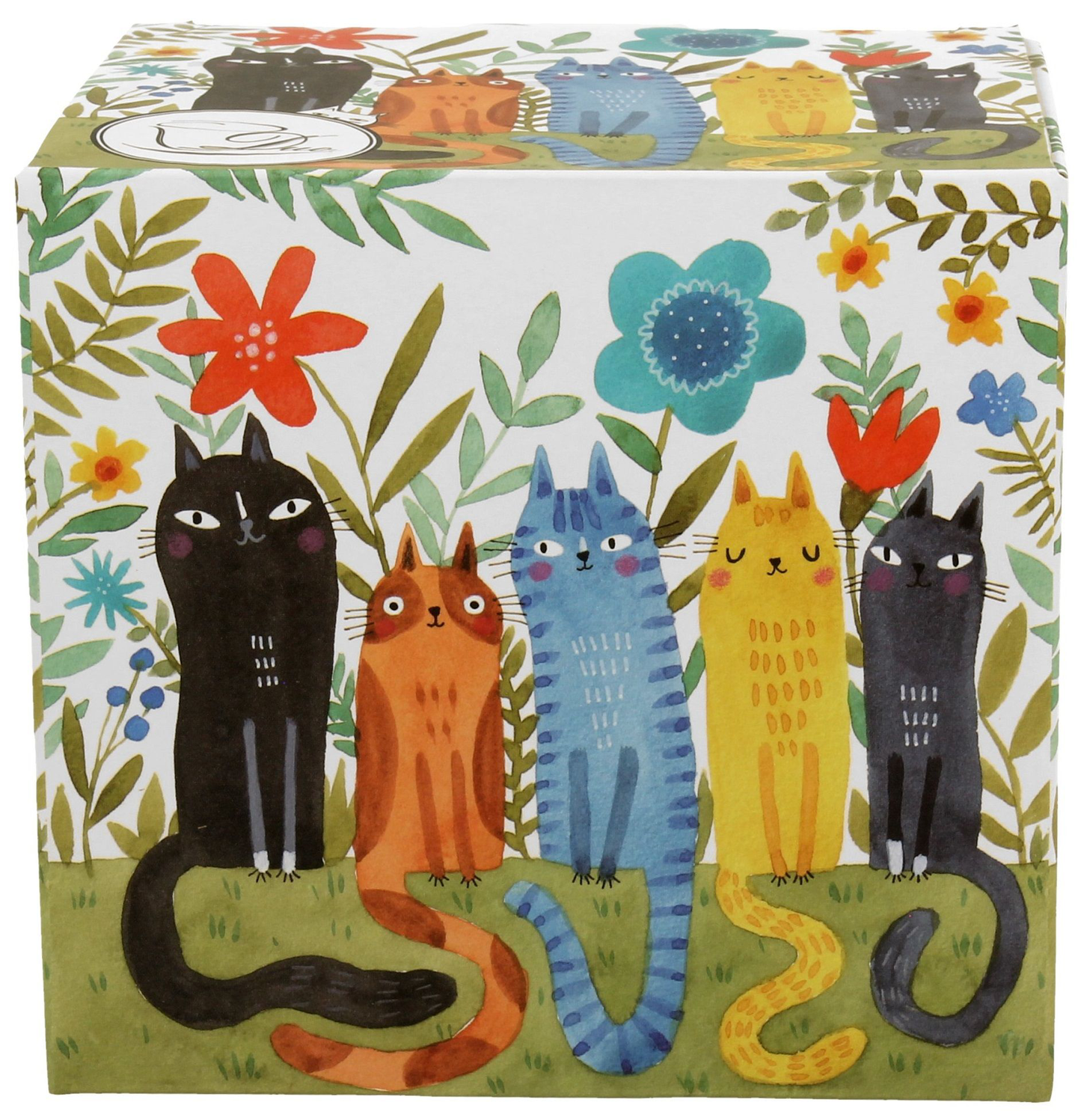 Ozdobne pudełko w kolorowe koty i kwiaty do kubka porcelanowego baryłka Koty Ogrodowe.
