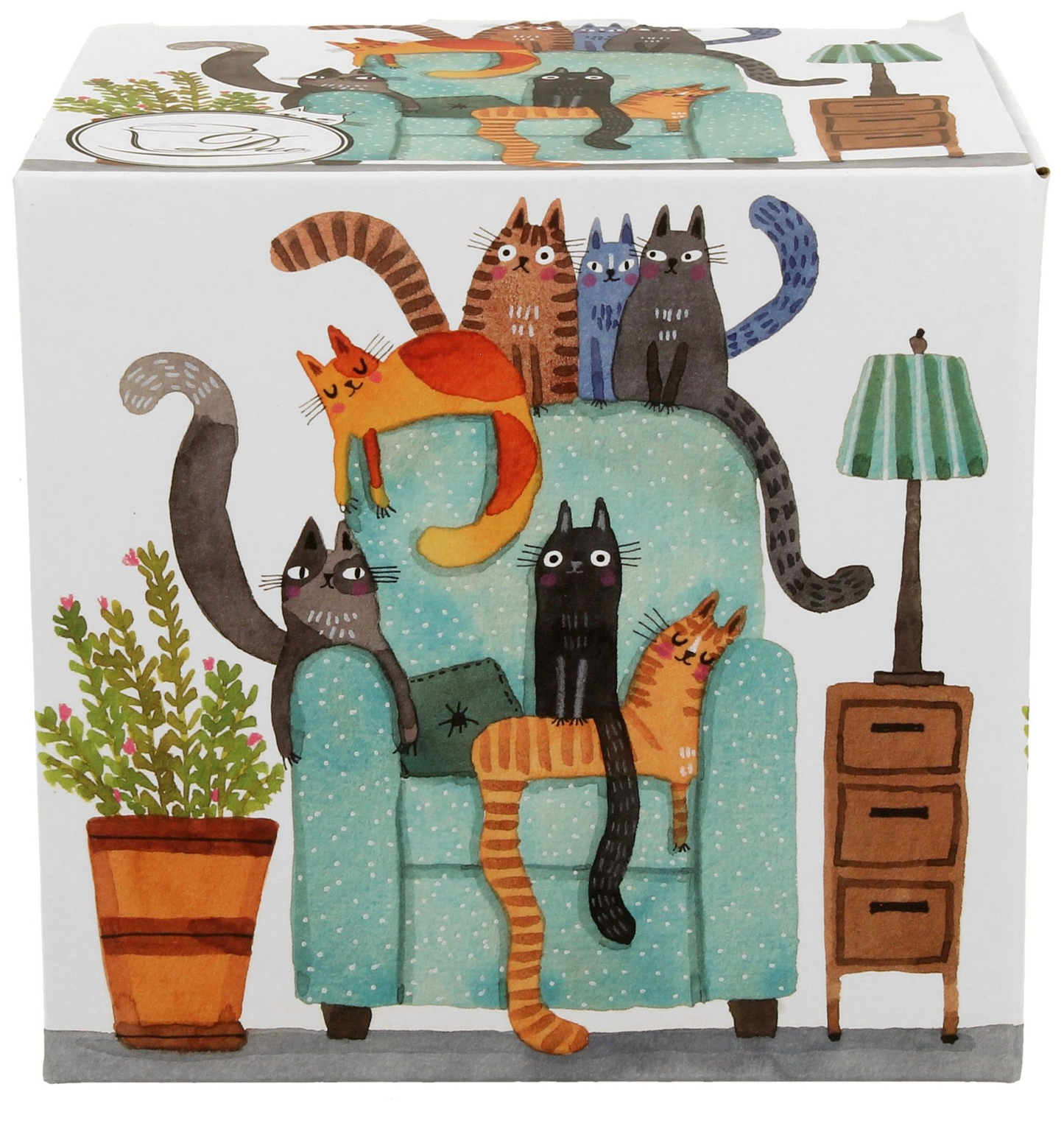 Ozdobne pudełko z motywem kotów na fotelu do kubka porcelanowego Baryłka 430 ml.