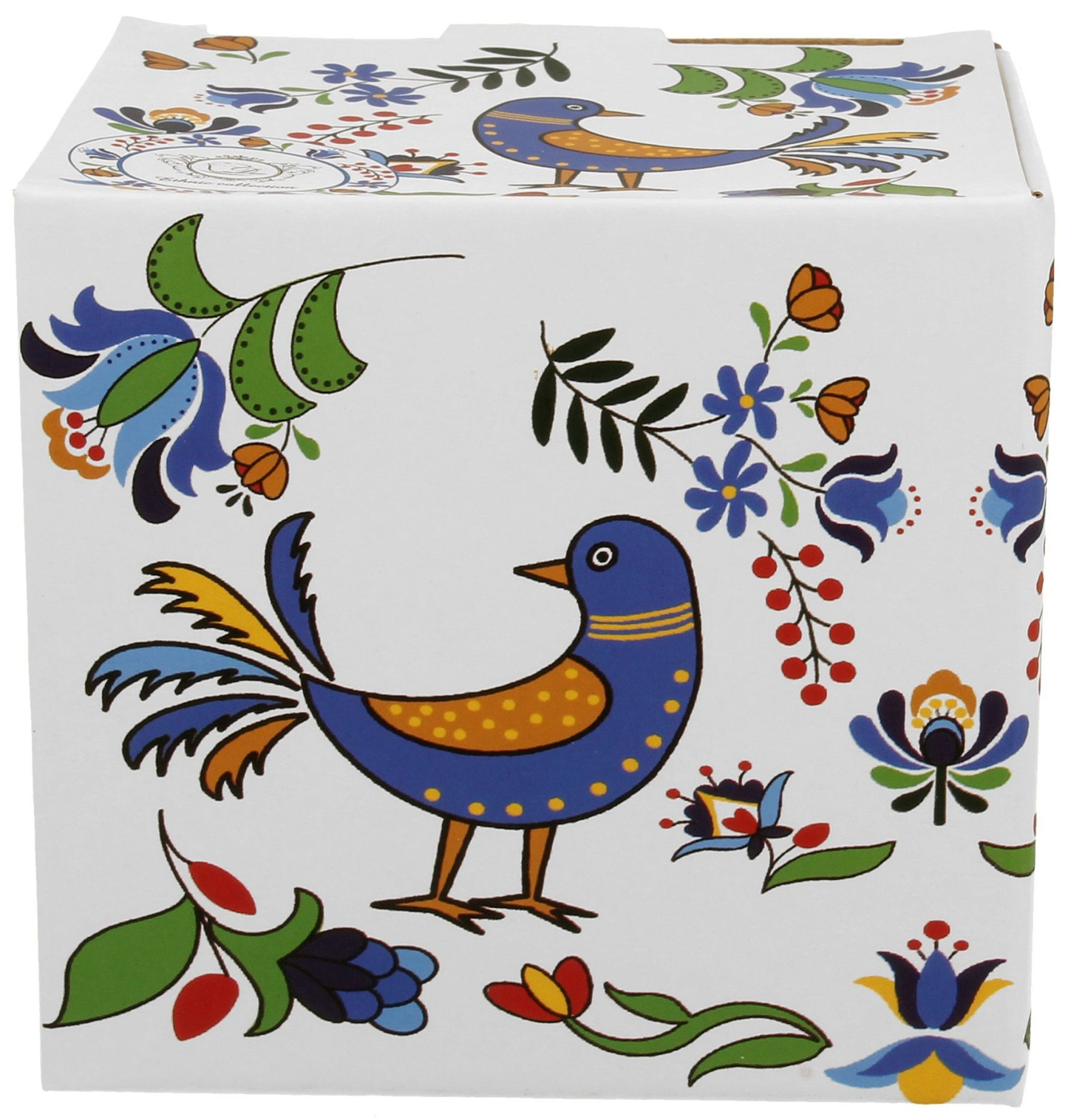 Ozdobne pudełko prezentowe z kolorowym kaszubskim wzorem i ptaszkiem w odcieniach niebieskiego i żółtego.