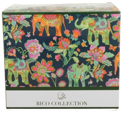 Ozdobne pudełko z motywem kolorowych słoni i kwiatów na granatowym tle.