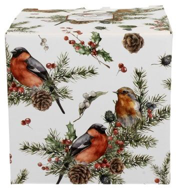 Pudełko ozdobne z motywem świątecznych ptaków, szyszek i gałązek.